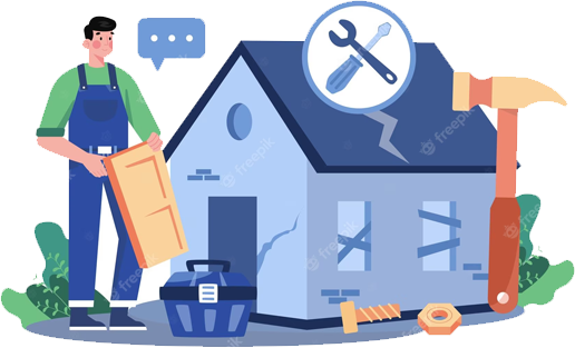 An illustration of a comically large repair person putting a new door on a decrepit home. An illustration of a comically large repair person putting a new door on a decrepit home.