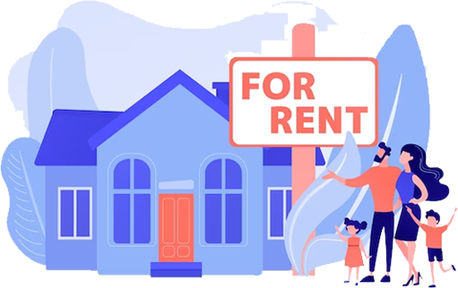 An illustration of a generic family standing next to a house with a ridiculously large for rent sign out front. An illustration of a generic family standing next to a house with a ridiculously large for rent sign out front.