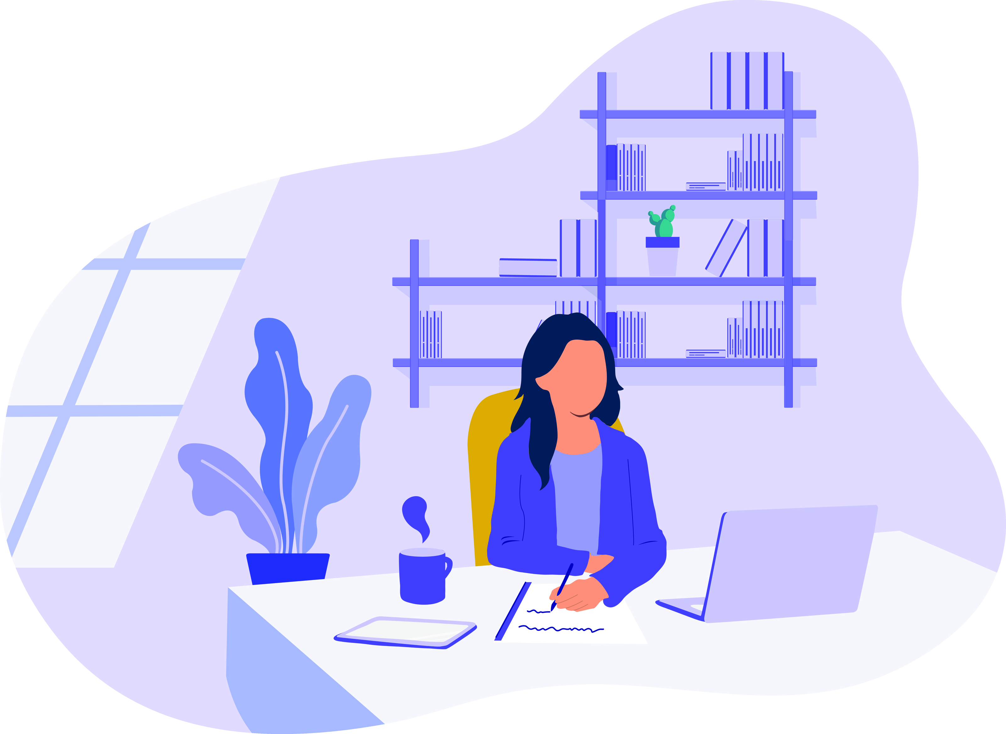 illustration of a woman working in a very purple office.
