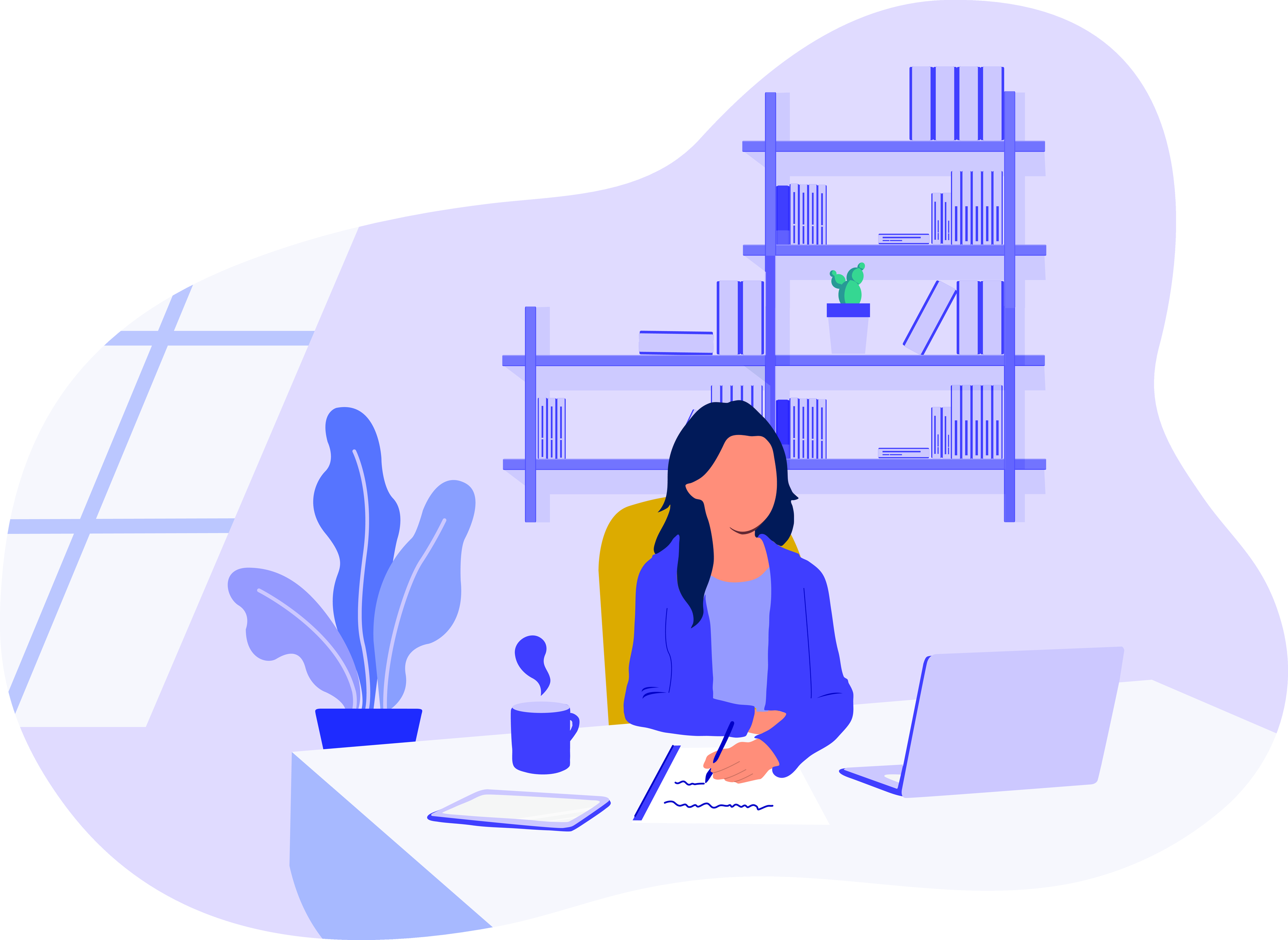 illustration of a woman working in a very purple office. illustration of a woman working in a very purple office.