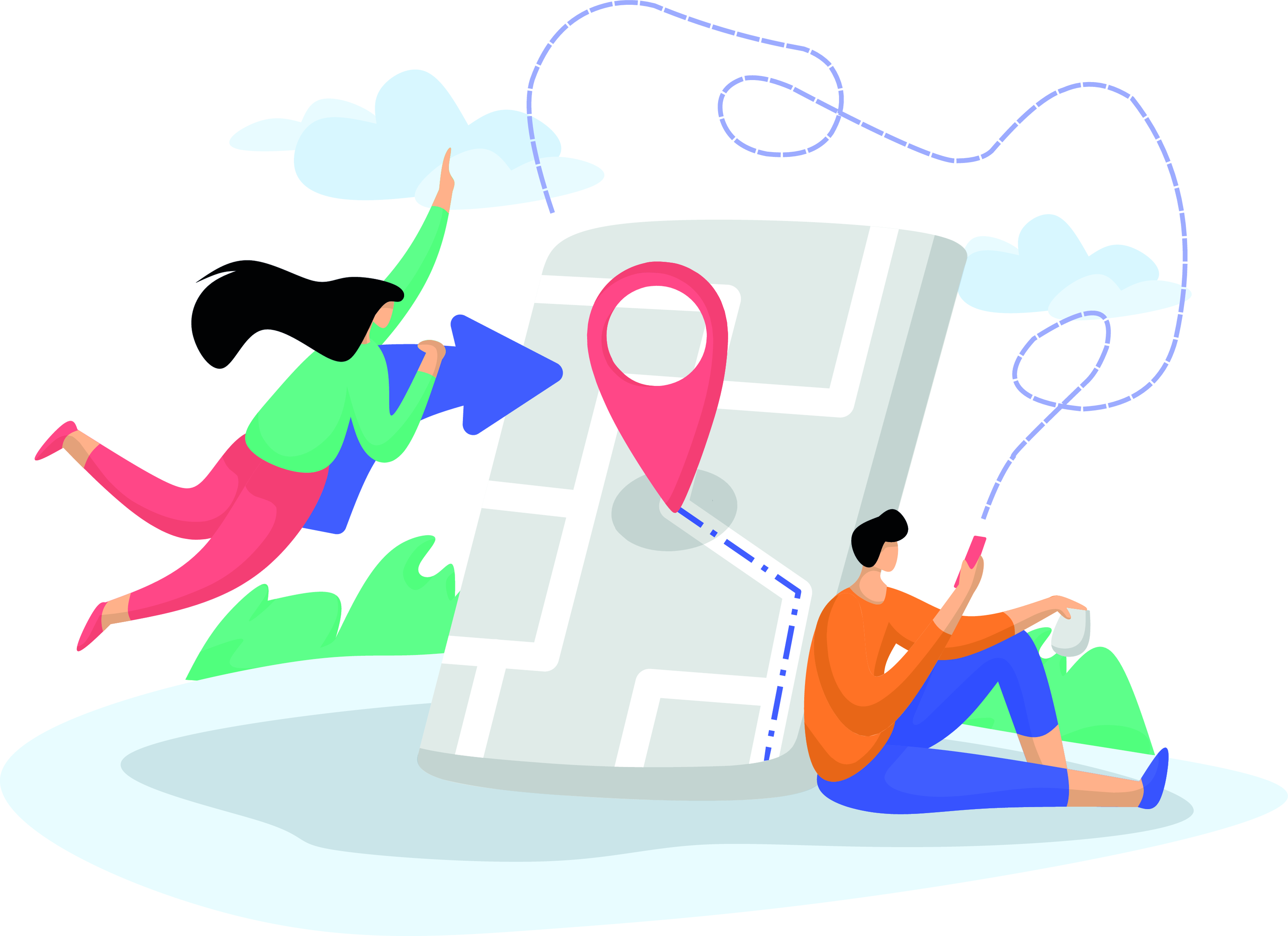 illustration of a giant map with two people pointing arrows at it illustration of a giant map with two people pointing arrows at it